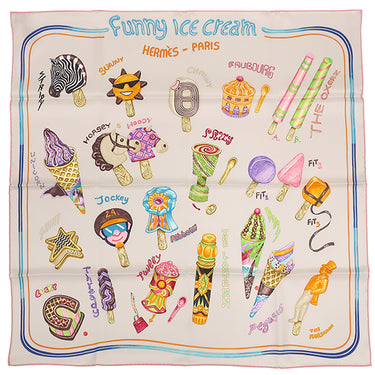 エルメス HERMES カレ70 CARRE パールグレー×ローズ×マルチカラー シルク スカーフ 【FUNNY ICE CREAM/ファニー アイスクリーム】