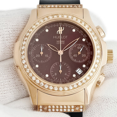 腕時計 ウブロ HUBLOT エレガント MDM クロノグラフ 1810.8.054 自動巻き メンズ レディース K18PG無垢 純正ダイヤ ワインレッド ボルドー