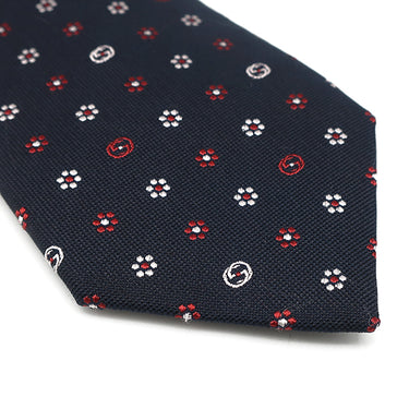 グッチ GUCCI 花柄 7cm ネイビー×レッド×ホワイト シルク ネクタイ 紺 赤 白 インターロック