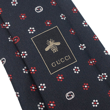 グッチ GUCCI 花柄 7cm ネイビー×レッド×ホワイト シルク ネクタイ 紺 赤 白 インターロック