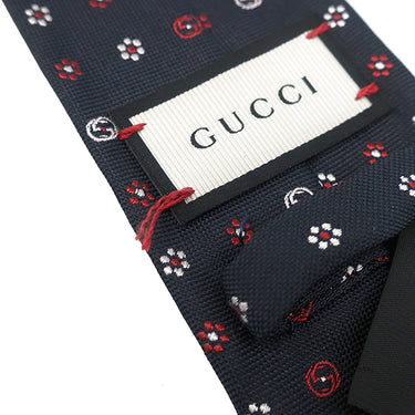 グッチ GUCCI 花柄 7cm ネイビー×レッド×ホワイト シルク ネクタイ 紺 赤 白 インターロック