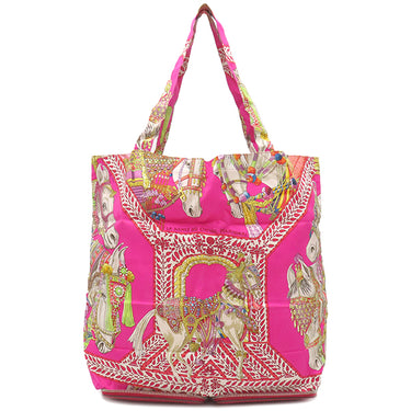 エルメス HERMES シルキーポップ レッド×ピンク×マルチカラー シルク レザー トートバッグ シルバー金具 【LA DANSE DU CHEVAL MARWARI/マールワーリ馬のダンス】 折りたたみ