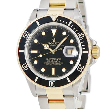 腕時計 ロレックス ROLEX サブマリーナー デイト 16803 R番 自動巻き メンズ R番 K18YG×SS コンビ ブラック フジツボ 王冠 アップライト