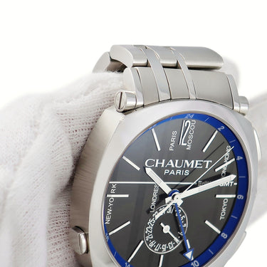 腕時計 ショーメ CHAUMET ダンディ GMT W11692-32A 自動巻き メンズ ブラック ブルー バイカラー デイト バー ワールドタイム