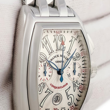腕時計 フランクミュラー FRANCK MULLER コンキスタドール クロノグラフ 8005CC 自動巻き メンズ ギヨシェ デイト ビザン数字 青針