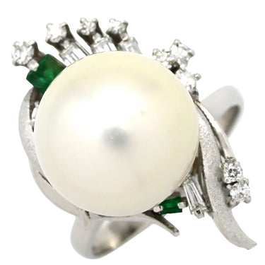 ノンブランド NON BRAND 白蝶パール エメラルド ダイヤリング プラチナシルバー Pt900 パール ダイヤモンド エメラルド リング 指輪 1粒 1P Pm900 14号
