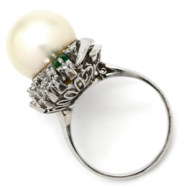 ノンブランド NON BRAND 白蝶パール エメラルド ダイヤリング プラチナシルバー Pt900 パール ダイヤモンド エメラルド リング 指輪 1粒 1P Pm900 14号
