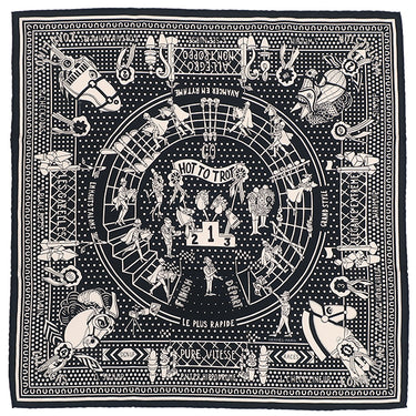 エルメス HERMES カレ55 CARRE ブラック×ホワイト シルク スカーフ 【HOT TO TROT】