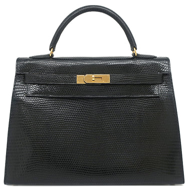 エルメス HERMES ケリー32 外縫い ブラック リザード 2WAYバッグ ゴールド金具 黒