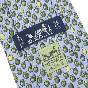 エルメス HERMES リンゴ 果物 フルーツ 9cm ブルー×グリーン シルク ネクタイ 青 水色 総柄 マンゴー パイナップル
