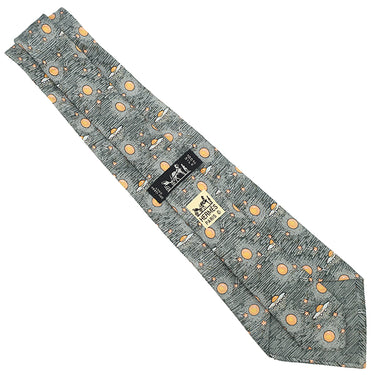エルメス HERMES 惑星 UFO 9cm グレー×オレンジ シルク ネクタイ 灰色 橙色 総柄 宇宙柄 星