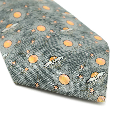 エルメス HERMES 惑星 UFO 9cm グレー×オレンジ シルク ネクタイ 灰色 橙色 総柄 宇宙柄 星