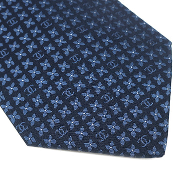 シャネル CHANEL 手裏剣柄 9.5cm ネイビー×ブルー シルク ネクタイ 紺 青