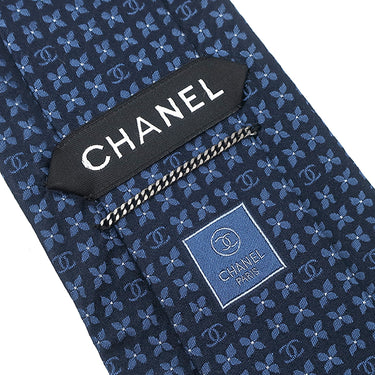 シャネル CHANEL 手裏剣柄 9.5cm ネイビー×ブルー シルク ネクタイ 紺 青