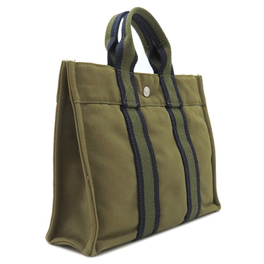 エルメス HERMES フールトゥ PM オリーブ×ネイビー キャンバス トートバッグ シルバー金具