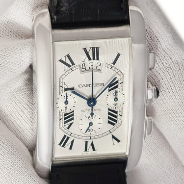 腕時計 カルティエ Cartier タンク アメリカン クロノグラフ XL W2609456 自動巻き メンズ メーカーOH済 K18WG無垢 シルバー ギヨシェ