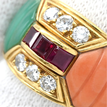 ノンブランド NON BRAND ルビー 珊瑚 ダイヤ リング イエローゴールド K18YG ルビー 珊瑚 カルセドニー ダイヤモンド リング 指輪 Au750 18K 18金 赤 緑 ピンク 12.5号