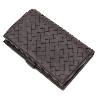 ボッテガヴェネタ BOTTEGA VENETA イントレチャート ブラウン レザー 長財布 ガンメタル金具 茶 二つ折り 札入れ
