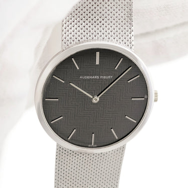 腕時計 オーデマピゲ AUDEMARS PIGUET 手巻き メンズ K18WG無垢 ホワイトゴールド ブラック 黒 一体型メッシュブレス ラウンド
