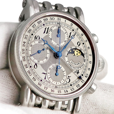 腕時計 クロノスイス CHRONOSWISS ルナ クロノグラフ CH7523L 自動巻き メンズ シルバー 青針 ムーンフェイズ ポインターデイト