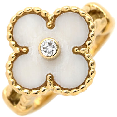 ヴァンクリーフアーペル Van Cleef & Arpels ヴィンテージ アルハンブラ 白サンゴ イエローゴールド K18YG 珊瑚（コーラル） ダイヤモンド リング 指輪 1Pダイヤ Au750 18金 10.5号