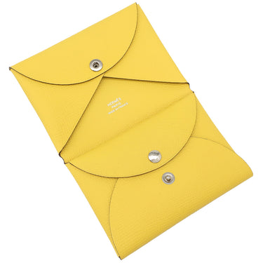 エルメス HERMES カルヴィ デュオ ジョーヌナプル ヴォーエプソン カードケース シルバー金具 黄色 フラグメントケース