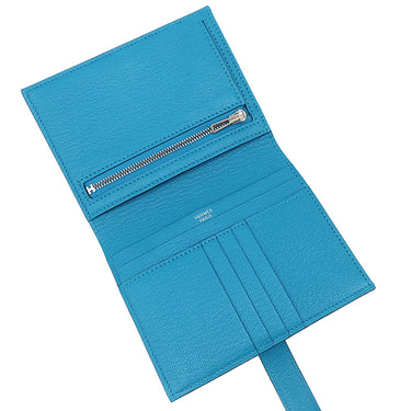エルメス HERMES ベアンコンパクト ブルーフリーダ シェーブル 二つ折り財布 シルバー金具 青