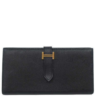 エルメス HERMES ベアンスフレ ブラック シェーブル 長財布 ゴールド金具 黒 二つ折り財布