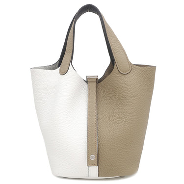 エルメス HERMES ピコタンロック PM カザック 2 ベージュマルファ×ニューホワイト×マカサー トリヨンクレマンス ハンドバッグ シルバー金具 新品 未使用 ベージュ 白 茶
