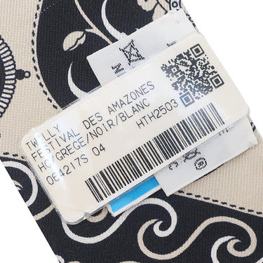 エルメス HERMES ツイリー グレージュ×ブラック×ホワイト シルク スカーフ 【FESTIVAL DES AMAZONES/アマゾンの祭典】