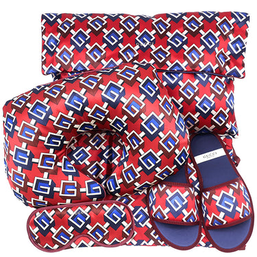 グッチ GUCCI ジオメトリックG トラベルセット Mサイズ 662431 レッドマルチ シルク ビスコース 14038 小物 ゴールド金具 5点セット アイマスク スリッパ エアーピロー ポーチ 巾着