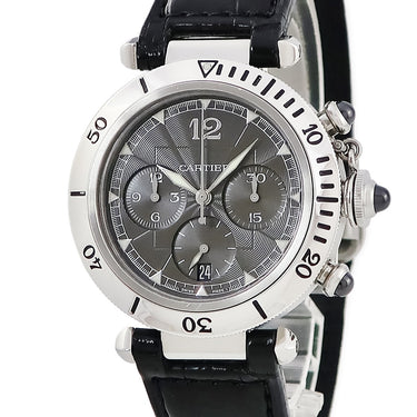 腕時計 カルティエ Cartier パシャ N950 クロノグラフ W3105155 自動巻き メンズ プラチナ×SS コンビ ギヨシェ グレー スモセコ