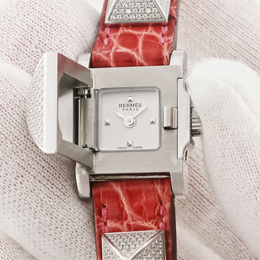 腕時計 エルメス HERMES ミニメドール ME2.130 クオーツ レディース 純正ダイヤ スクエア スタッズ 横開き シルバー