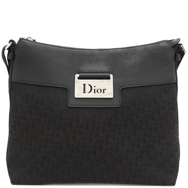 クリスチャン・ディオール Christian Dior トロッター ブラック×ネイビー レザー ジャガード ショルダーバッグ シルバー金具 黒 紺