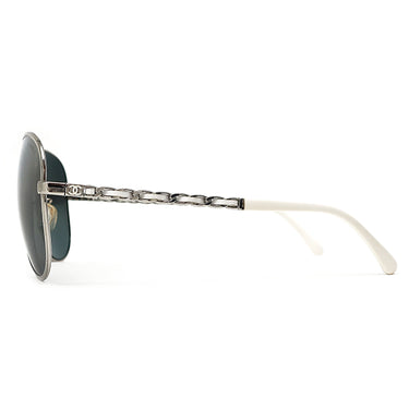 シャネル CHANEL ティアドロップ 59□14 4194-Q-A ホワイトXシルバー メタル レザー サングラス シルバー金具 白 チェーンモチーフ グレーレンズ