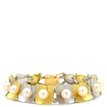 ノンブランド NON BRAND イエローゴールド×ホワイトゴールド×パールホワイト K18YG K14WG パール ブレスレット K14WG Au750 18K 18金 14K 14金 アコヤ真珠 あこやパール ホワイト フラワーモチーフ