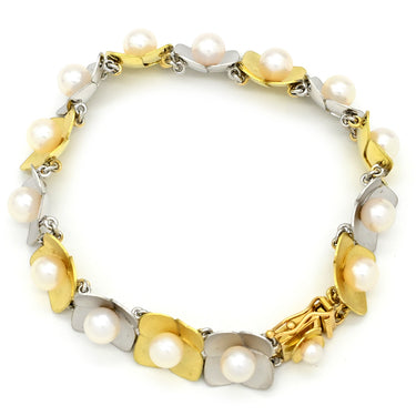 ノンブランド NON BRAND イエローゴールド×ホワイトゴールド×パールホワイト K18YG K14WG パール ブレスレット K14WG Au750 18K 18金 14K 14金 アコヤ真珠 あこやパール ホワイト フラワーモチーフ