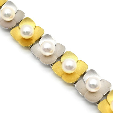 ノンブランド NON BRAND イエローゴールド×ホワイトゴールド×パールホワイト K18YG K14WG パール ブレスレット K14WG Au750 18K 18金 14K 14金 アコヤ真珠 あこやパール ホワイト フラワーモチーフ