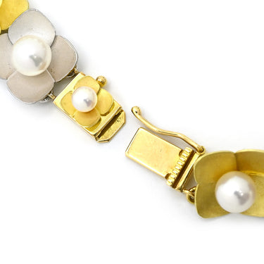 ノンブランド NON BRAND イエローゴールド×ホワイトゴールド×パールホワイト K18YG K14WG パール ブレスレット K14WG Au750 18K 18金 14K 14金 アコヤ真珠 あこやパール ホワイト フラワーモチーフ
