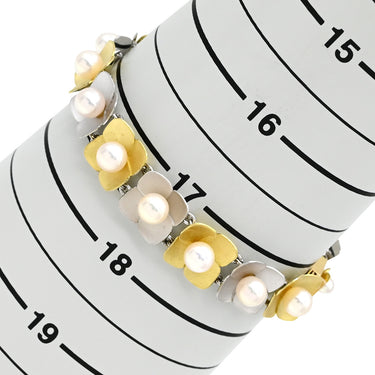 ノンブランド NON BRAND イエローゴールド×ホワイトゴールド×パールホワイト K18YG K14WG パール ブレスレット K14WG Au750 18K 18金 14K 14金 アコヤ真珠 あこやパール ホワイト フラワーモチーフ