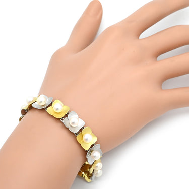 ノンブランド NON BRAND イエローゴールド×ホワイトゴールド×パールホワイト K18YG K14WG パール ブレスレット K14WG Au750 18K 18金 14K 14金 アコヤ真珠 あこやパール ホワイト フラワーモチーフ