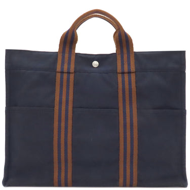 エルメス HERMES フールトゥMM ネイビー×ブラウン キャンバス トートバッグ シルバー金具 紺 茶
