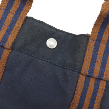 エルメス HERMES フールトゥMM ネイビー×ブラウン キャンバス トートバッグ シルバー金具 紺 茶