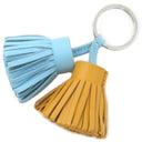 エルメス HERMES カルメン ウノドス セレスト×ナチュラルサブレ ラムスキン キーリング シルバー金具 水色 茶 フリンジ キーホルダー