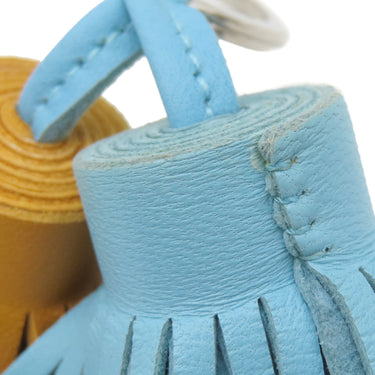 エルメス HERMES カルメン ウノドス セレスト×ナチュラルサブレ ラムスキン キーリング シルバー金具 水色 茶 フリンジ キーホルダー