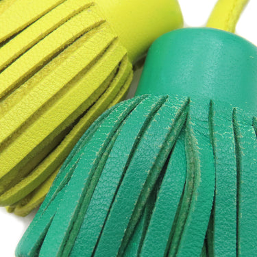 エルメス HERMES カルメン ウノドス ライム×ミント ラムスキン キーリング シルバー金具 黄色 緑 フリンジ キーホルダー