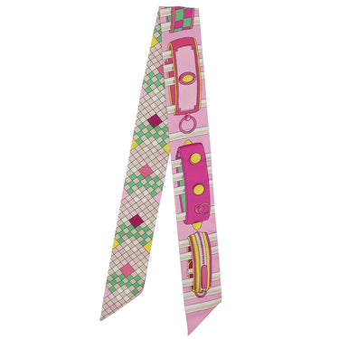 エルメス HERMES ツイリー ローズ×ヴェール×ジョーヌ シルク スカーフ 【COLLIERS DE CHIENS REMIX/コリエドシアン】