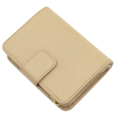 プラダ PRADA メタルロゴ コンパクトウォレット 1ML018 ZLP ベージュ サフィアーノレザー 二つ折り財布 ゴールド金具 ブルーグレー バイカラー SAFFIANO MULTICOLOR