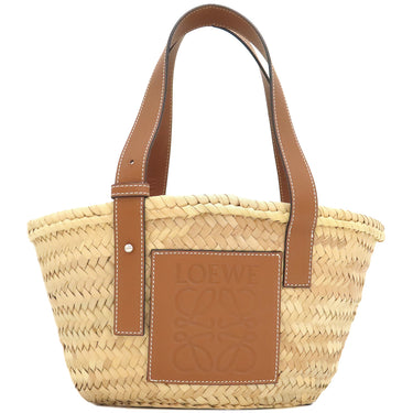 ロエベ LOEWE バスケットバッグ スモール ナチュラルXタン ラフィア カーフ ハンドバッグ シルバー金具 茶 かごバッグ