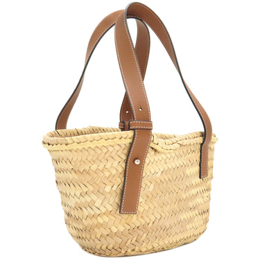 ロエベ LOEWE バスケットバッグ スモール ナチュラルXタン ラフィア カーフ ハンドバッグ シルバー金具 茶 かごバッグ